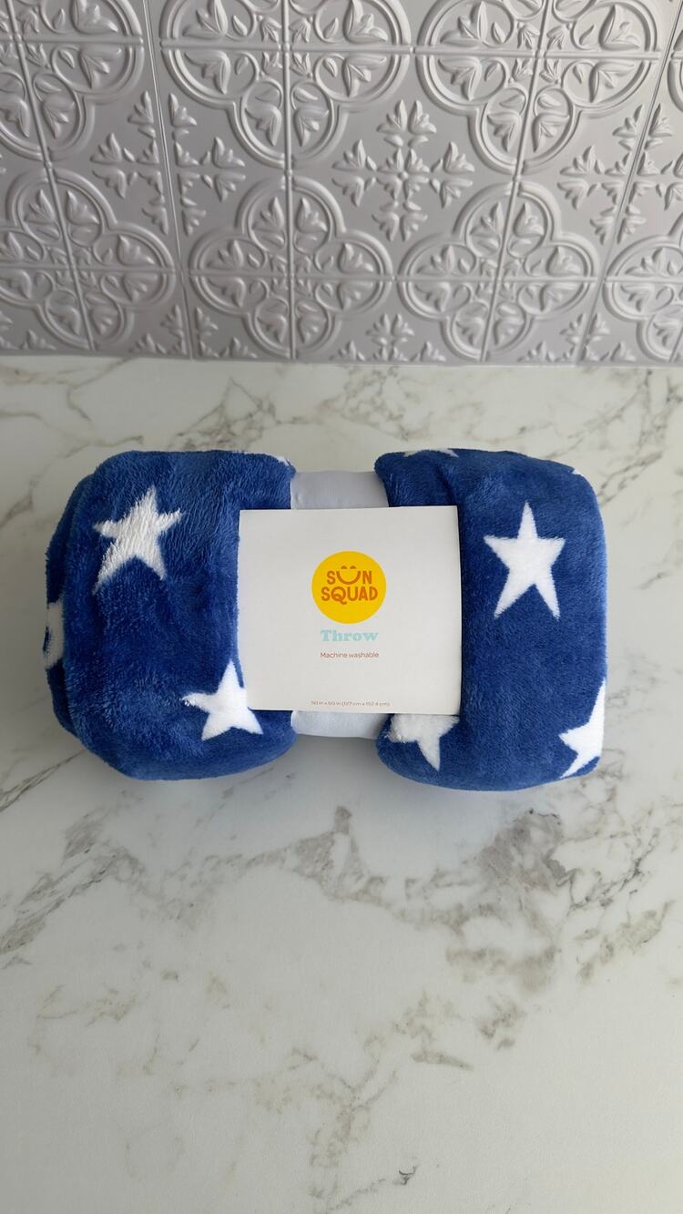 Sun Squad Star Printed Plush Throw Blanket Royal Blue White Stars 50" x 60" NWT